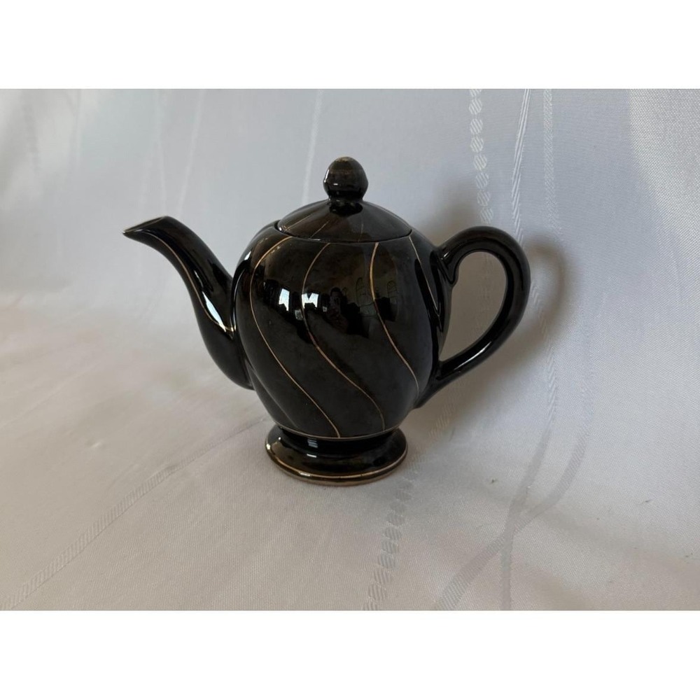 Vintage Black and Gold Ceramic Teapot with Lid Mid Century Style